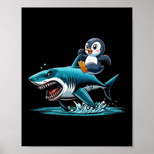 Penguin Riding Shark Costume Sea Animal Lover Kids Poster