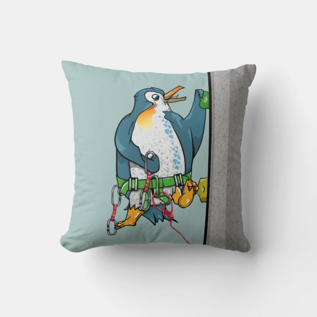 Penguin Rock Climbing Throw Pillow (Front)