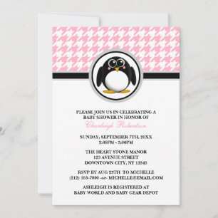 Penguin rose Houndstooth Baby Shower Invitations