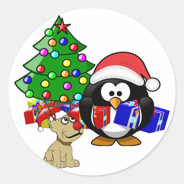 Penguin Santa and Reindeer Dog Classic Round Sticker (Front)