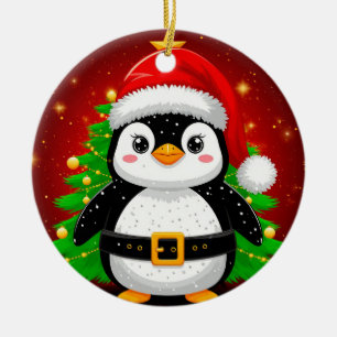 🐧 Penguin Santa Christmas Tree Holiday Fun ✨ Ceramic Ornament