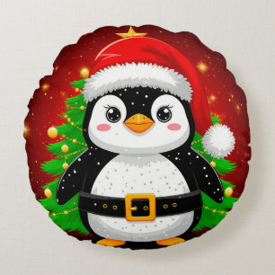 🐧 Penguin Santa Christmas Tree Holiday Fun ✨ Round Pillow