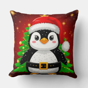 🐧 Penguin Santa Christmas Tree Holiday Fun ✨ Throw Pillow
