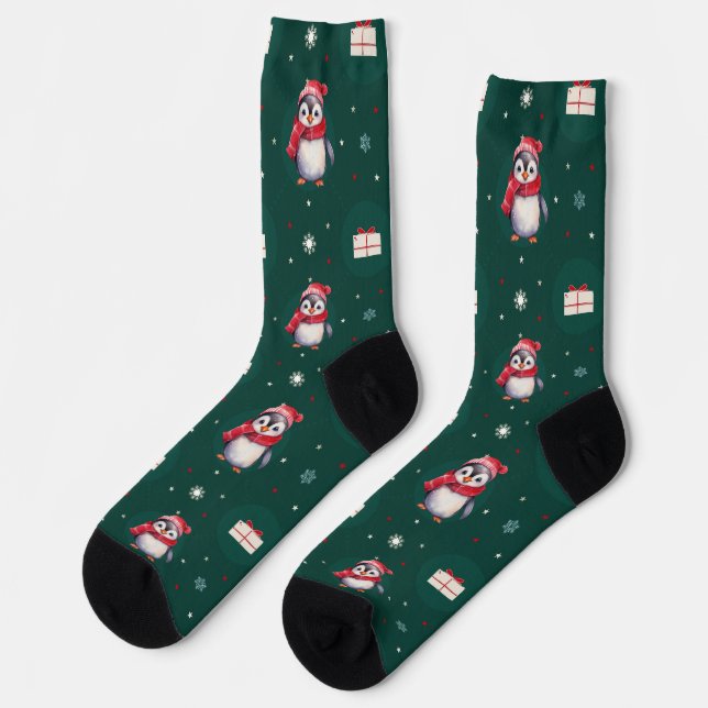 Penguin Santa Green Happy Merry Christmas pattern Socks (Left)