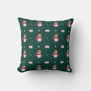 Penguin Santa Green Happy Merry Christmas pattern Throw Pillow