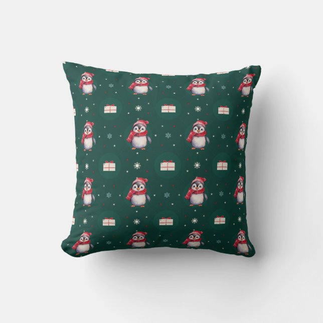 Penguin Santa Green Happy Merry Christmas pattern Throw Pillow (Front)