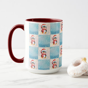 Penguin Santa Happy Merry Christmas Plaid pattern Mug