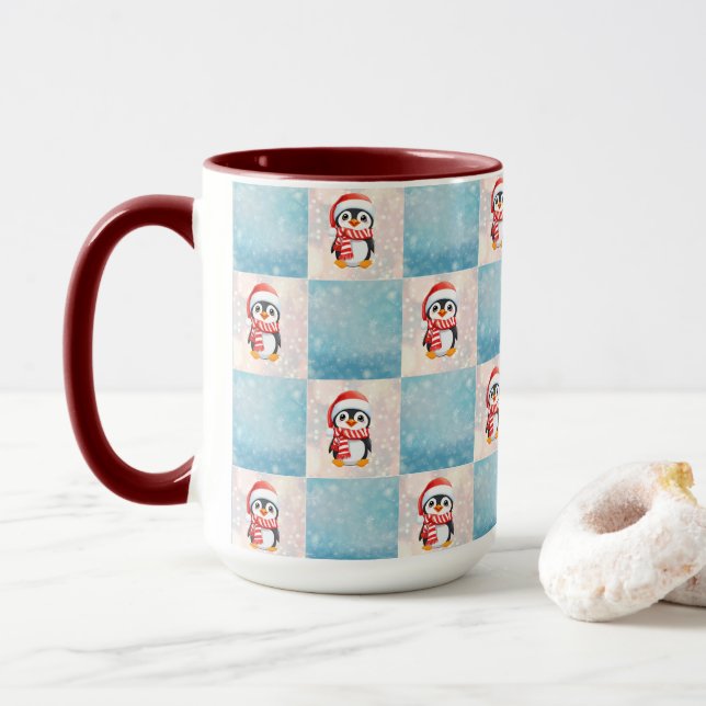 Penguin Santa Happy Merry Christmas Plaid pattern Mug (With Donut)