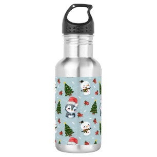Penguin Santa Happy Merry Christmas tree pattern 532 Ml Water Bottle
