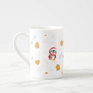 Penguin Santa Happy Merry Christmas tree pattern Bone China Mug
