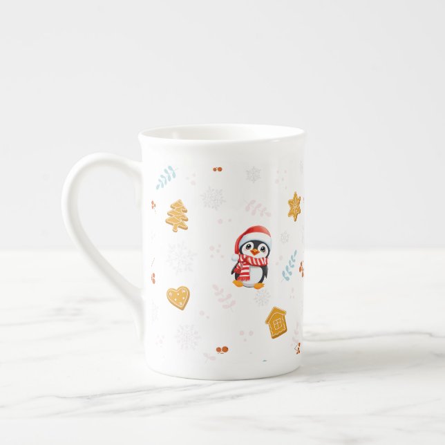 Penguin Santa Happy Merry Christmas tree pattern Bone China Mug (Left)