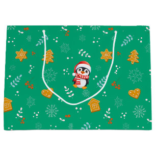 Penguin Santa Happy Merry Christmas tree pattern Large Gift Bag