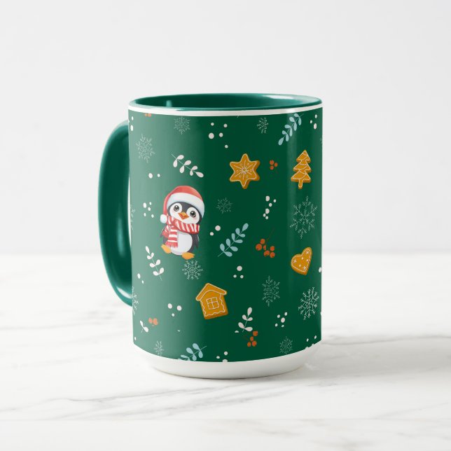 Penguin Santa Happy Merry Christmas tree pattern Mug (Front Left)