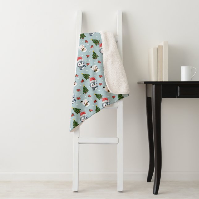 Penguin Santa Happy Merry Christmas tree pattern Sherpa Blanket (In Situ)
