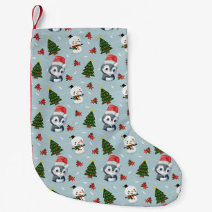 Penguin Santa Happy Merry Christmas tree pattern Small Christmas Stocking