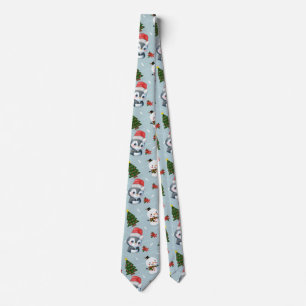 Penguin Santa Happy Merry Christmas tree pattern Tie