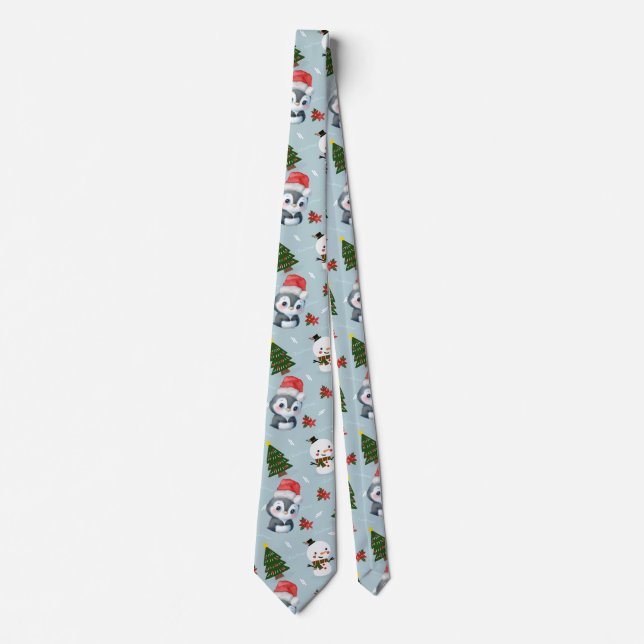 Penguin Santa Happy Merry Christmas tree pattern Tie (Front)