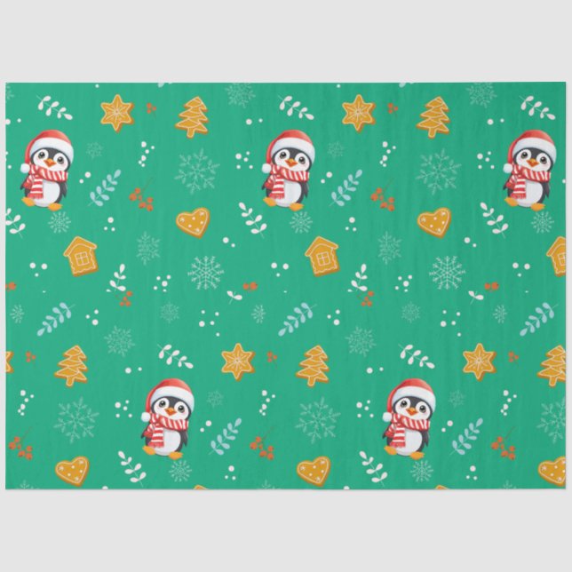 Penguin Santa Happy Merry Christmas tree pattern Tissue Paper (Front)