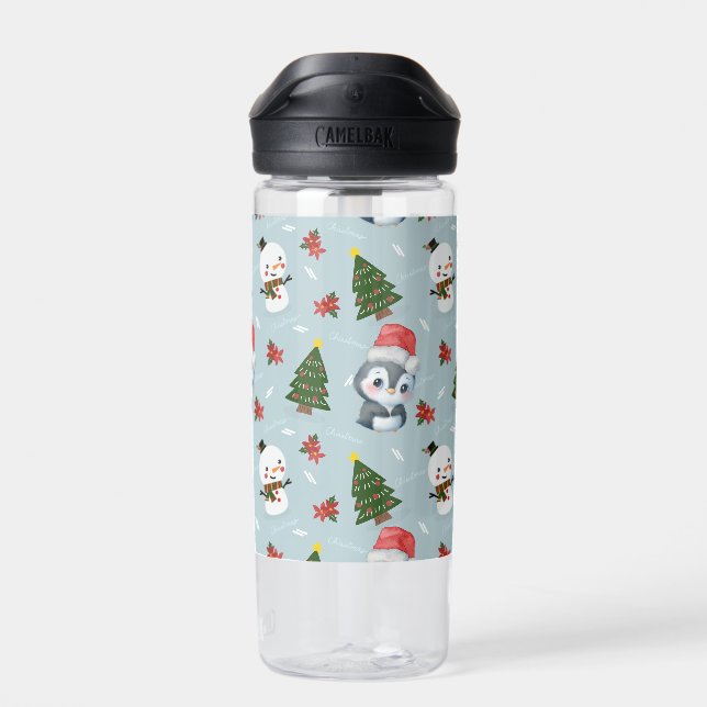 Penguin Santa Happy Merry Christmas tree pattern Water Bottle (Back)