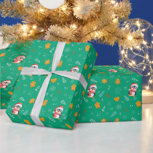 Penguin Santa Happy Merry Christmas tree pattern Wrapping Paper