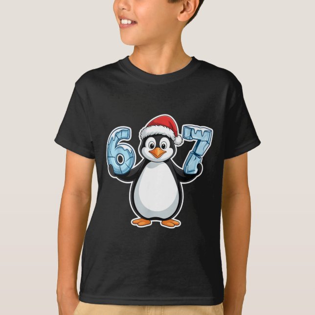 Penguin Santa Hat 67 Icy Numbers Christmas Birthda T-Shirt (Front)