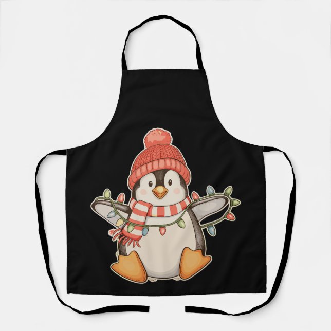 Penguin Santa Hat Christmas String Lights Xmas Apron (Front)