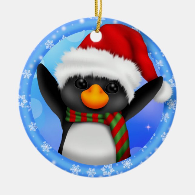 Penguin Santa Hat Year Ceramic Ceramic Ornament (Front)