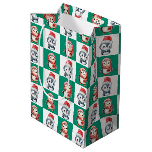 Penguin Santa watercolor Merry Christmas pattern Medium Gift Bag