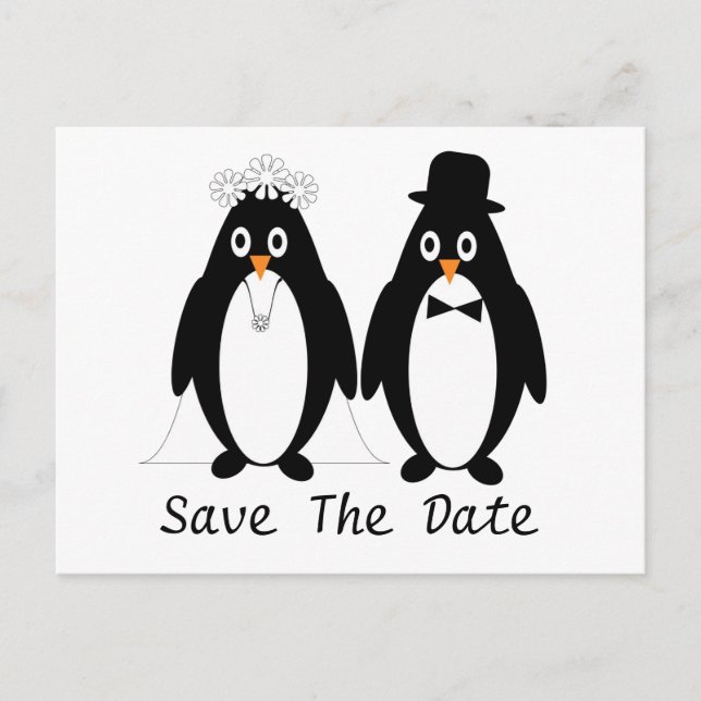 Penguin Save The Date Wedding Announcement Postcard (Front)