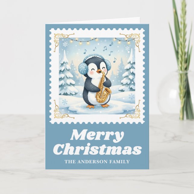 Penguin Saxophone Retro Postage Stamp Christmas Holiday Card (Front)