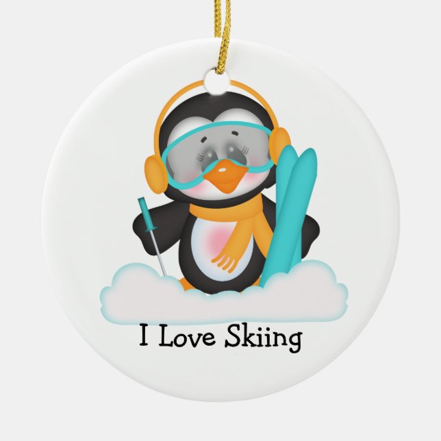 Penguin Skiing Ceramic Ornament (Front)