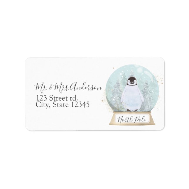 Penguin Snow Globe Winter Address Label Christmas (Front)