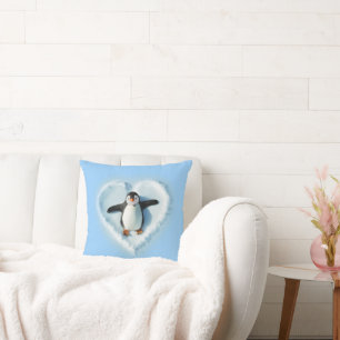 Penguin Snow Heart Throw Pillow
