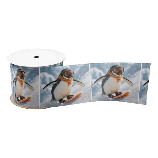 Penguin Snowboarding Downhill Satin Ribbon (Spool)