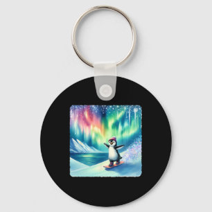 Penguin Snowboarding Under Colourful Aurora Boreal Keychain