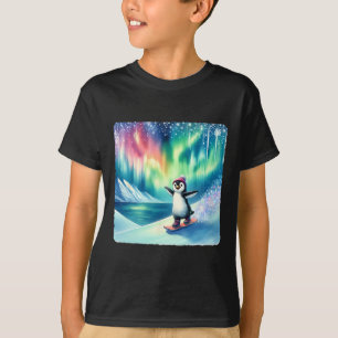 Penguin Snowboarding Under Colourful Aurora Boreal T-Shirt