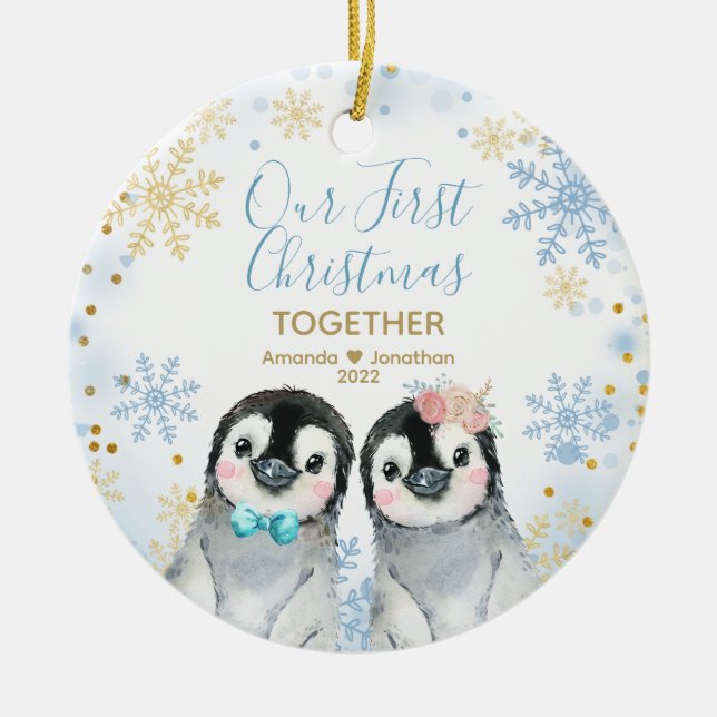 Penguin Snowflakes Our First Christmas Together  Ceramic Ornament (Front)