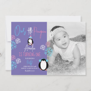 Penguin Snowflakes Pink Blue 1st Birthday Photo  Invitation