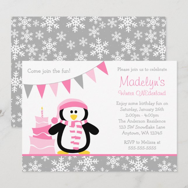 Penguin Snowflakes Pink Winter Onederland Birthday Invitation (Front/Back)