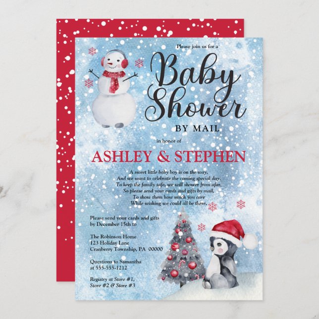Penguin Snowman Winter Boy Baby Shower by Mail Invitation (Front/Back)