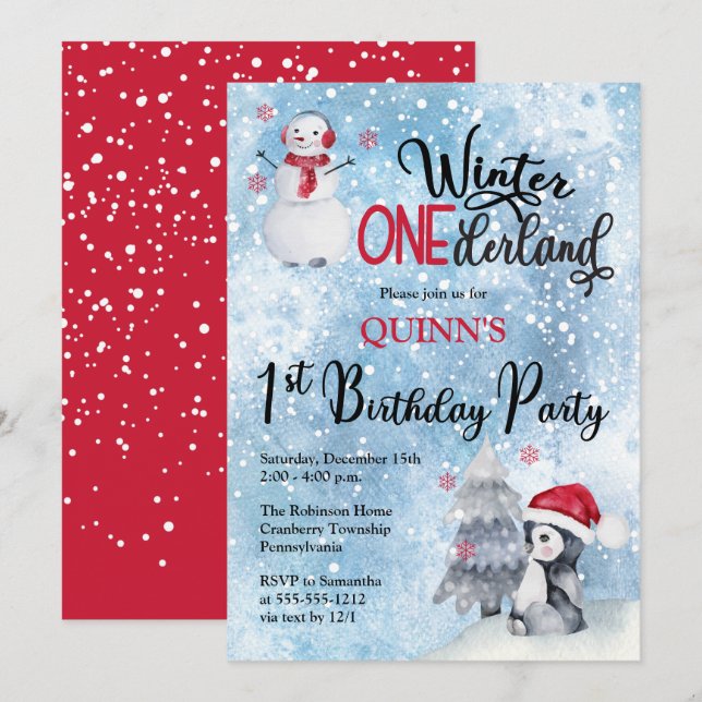 Penguin | Snowman Winter ONEderland 1st Birthday Invitation (Front/Back)