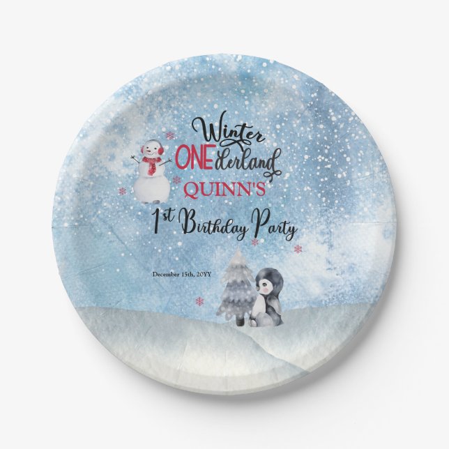 Penguin | Snowman Winter ONEderland 1st Birthday P Paper Plate (Front)