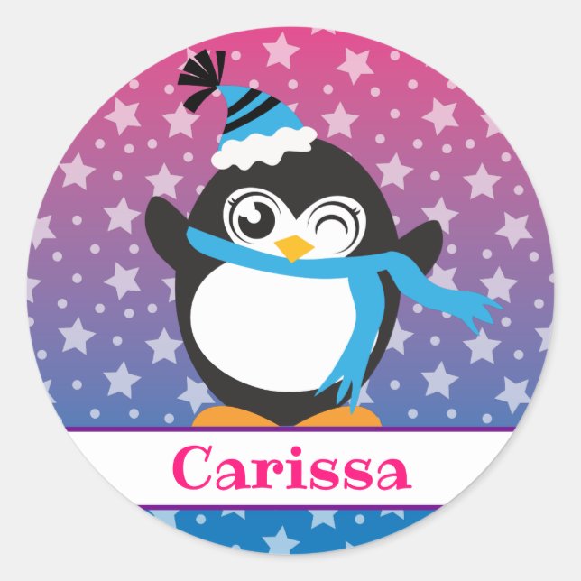 Penguin stars name classic round sticker (Front)