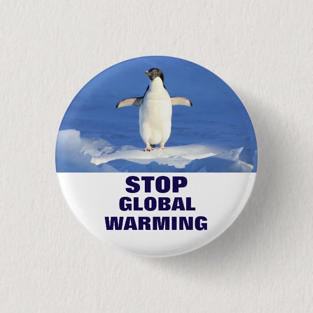 Penguin Stop Global Warming Round Button (Front)