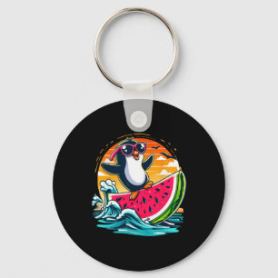Penguin Sungles Watermelon Surfing Summer Sunset S Keychain
