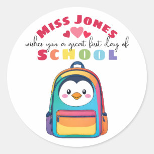penguin teacher first day of term class welcome classic round sticker