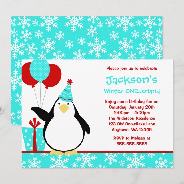 Penguin Teal Snowflakes Winter Onederland Birthday Invitation (Front/Back)