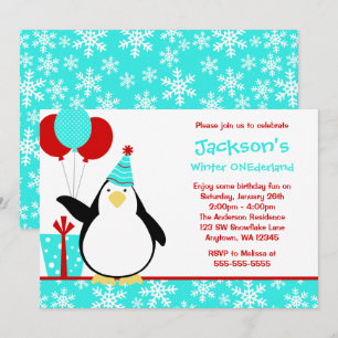 Penguin Teal Snowflakes Winter Onederland Birthday Invitation