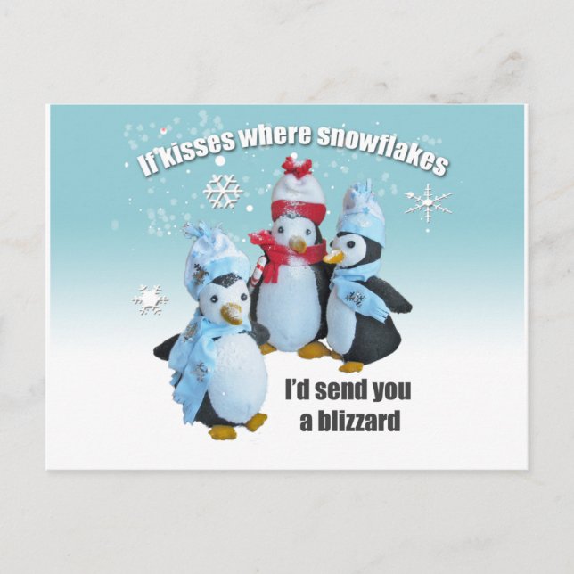 Penguin Toy Photo Kisses and Snowflakes Postcard (Front)
