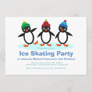 Penguin Trio Boys Ice Skating Birthday Party Invitation